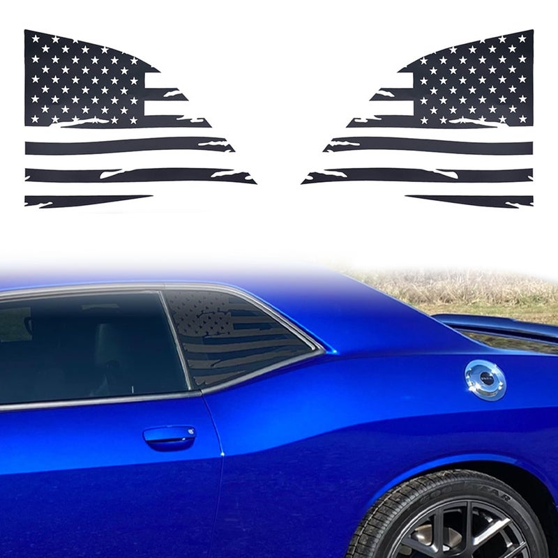 AuMoHall American Flag Decal Car Rear Side Window Sticker Matte Black Rear Quarter Window DIY Sticker Left Right Side Window Cling Car Exterior Decoration Accessories for Dodge Challenger 20082024